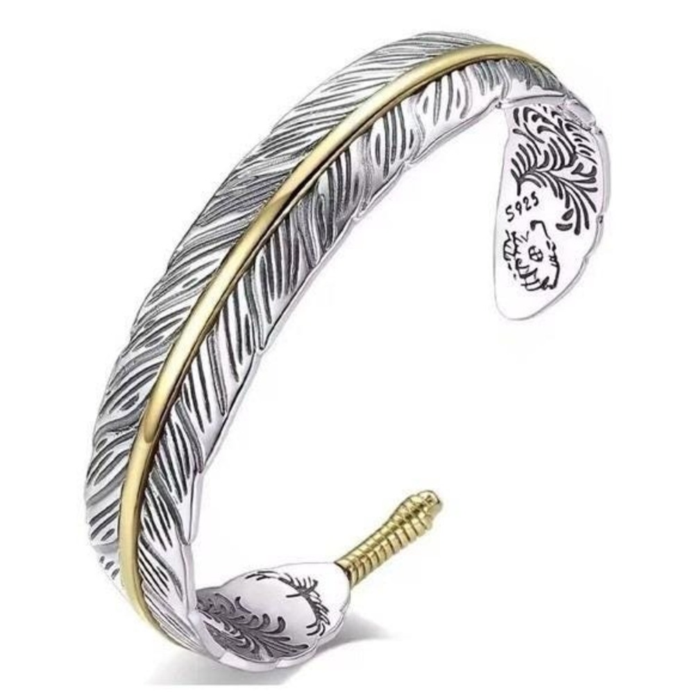 Sterling Silver & Brass Feather Cuff Bracelet-Intricately Engraved Boho Jewelry